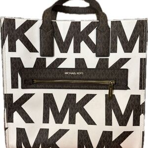 Michael Kors White and Brown MK Logo Tote
